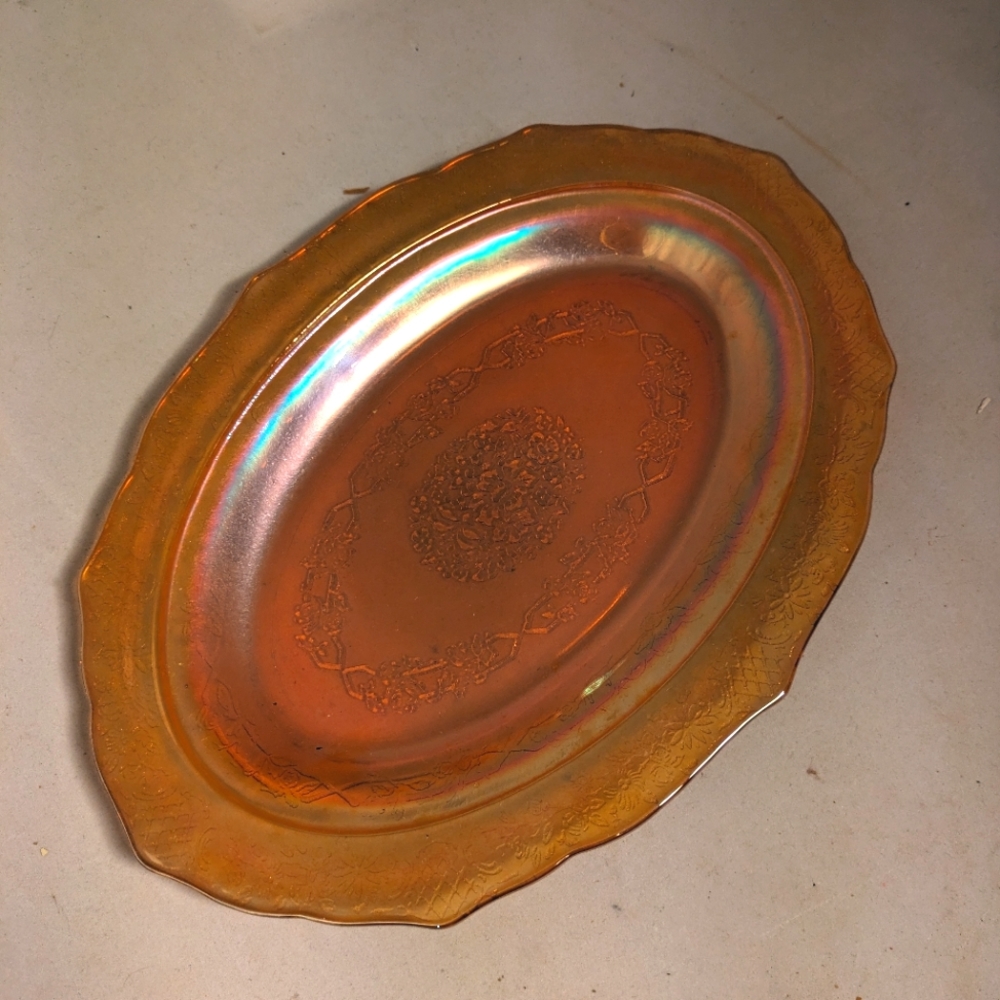 Federal Glass Normandie Plate Marigold Iridescent Depression glass oval platter